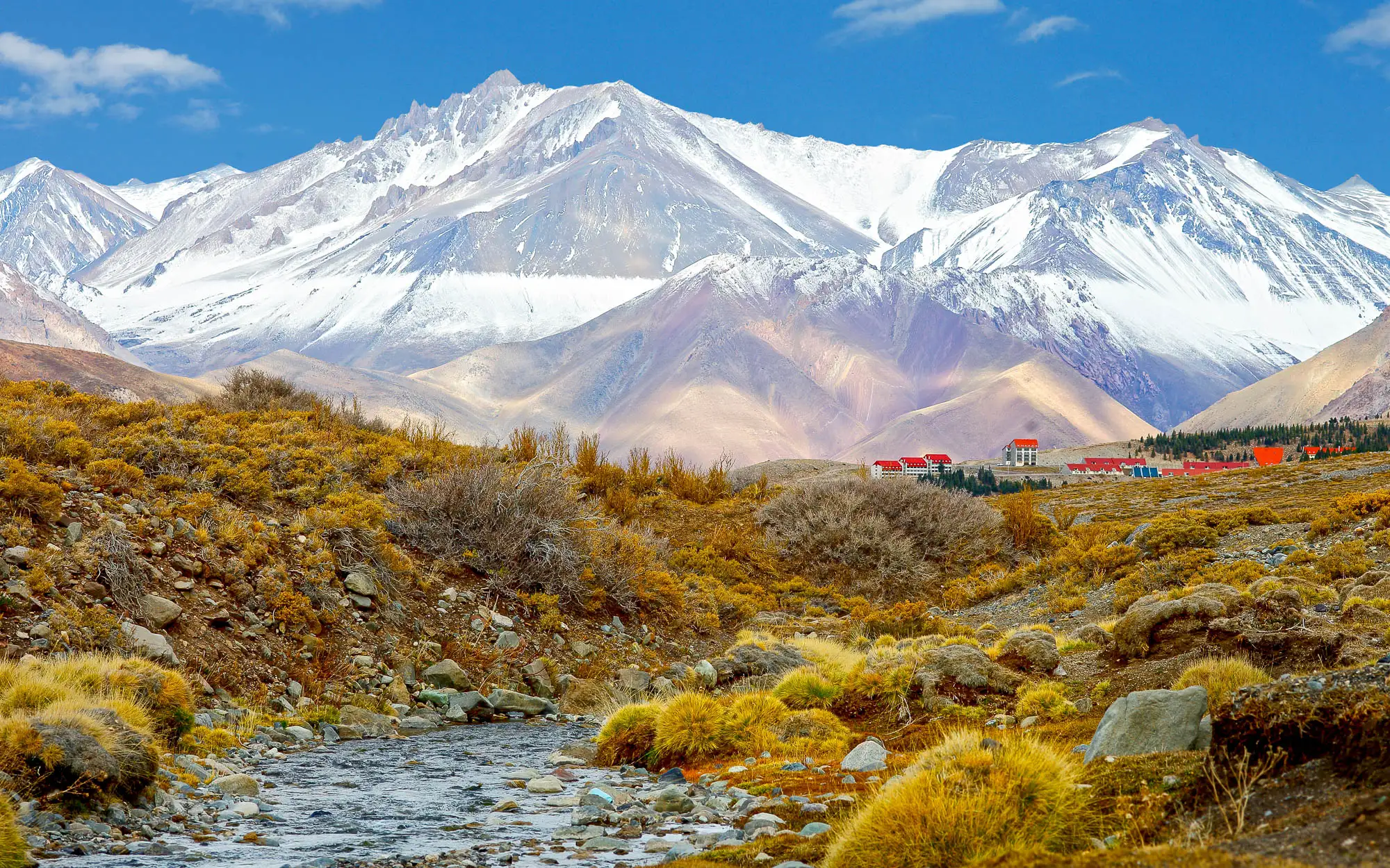 Imagen decorativa. Arroyo con montaña nevada de fondo.