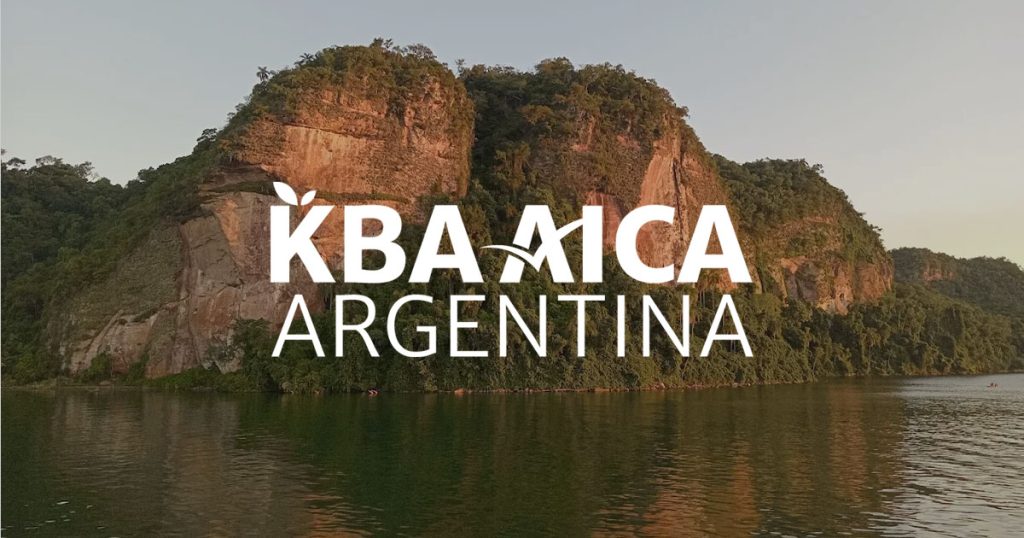 Logotipo de KBA AICA Argentina sobre un fondo fotográfico de un paisaje de la KBA Teyú Cuaré y alrededores.